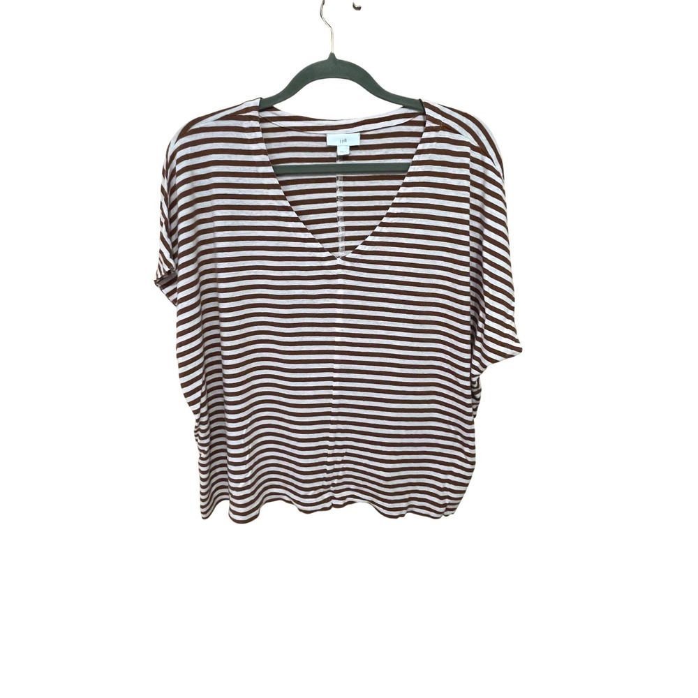 J. Jill‎ Brown Boxy Fit Striped Linen Blend Dolman Sleeve V-Neck Top XL-Neutral